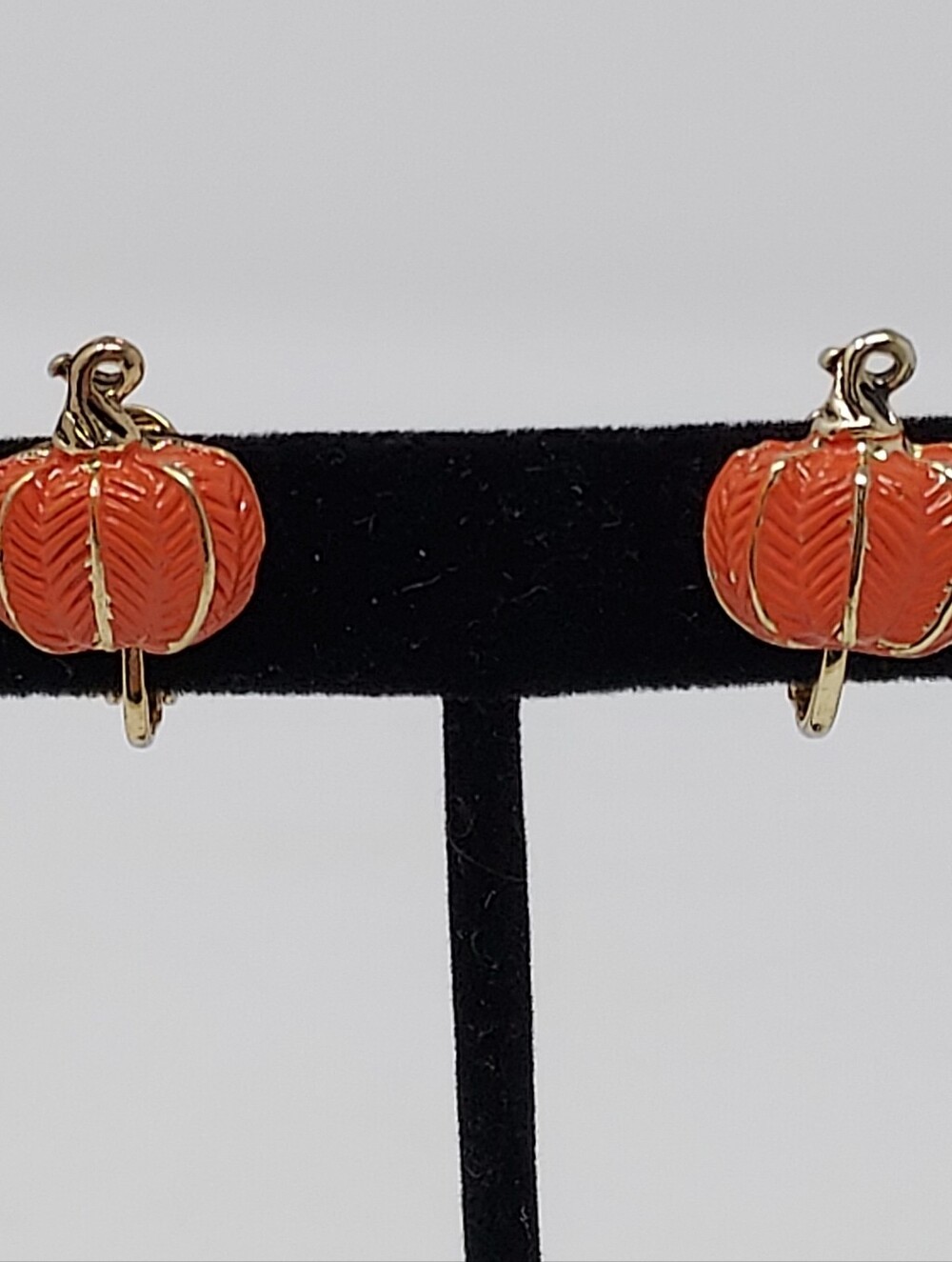 Vintage Pumpkin Gold Tone Enamel Clip On Earrings 1980s Signed TJG .5"